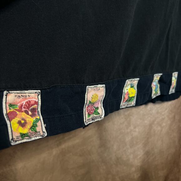 Vintage 90s Black Sleeveless Patchwork Garden Seed Packet Shift Dress Cottage - Picture 3 of 11